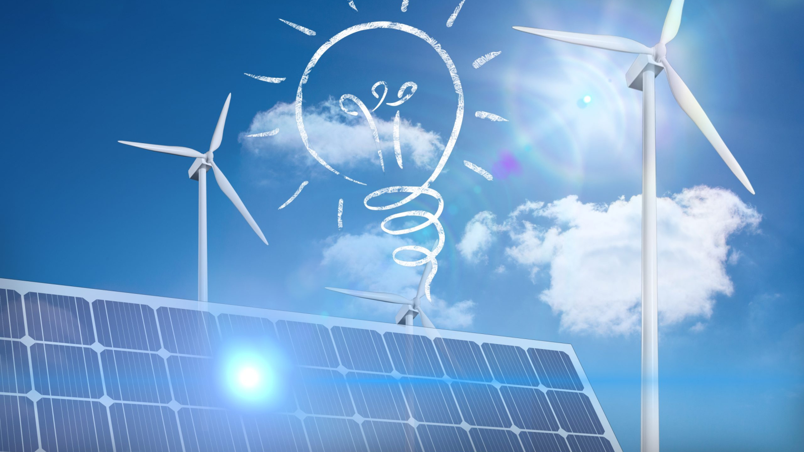 composite of solar panel and wind turbine graphic on green field background with lightbulb