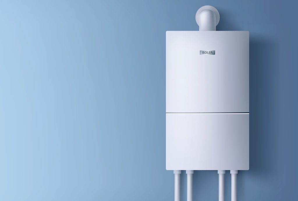 Boiler, electronic water heater hanging on blue wall. Home plumbing electric fixture with pipes for heating cold aqua. Energy and cash savings smart system equipment. Realistic 3d vector illustration